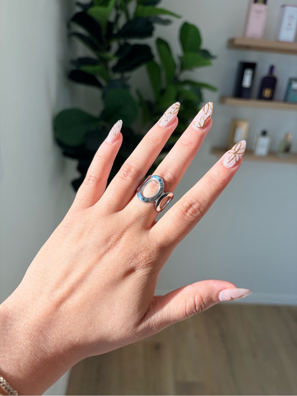 Nude Pink Floral Press-On Nails with Gold Accents